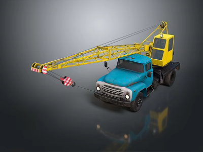 Blue And Yellow Truck Crane With Extended Boom And Hanging Hook 3d model