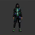 Stylish Character Wearing Black Hoodie Shorts And Green Sneakers With Blue Accents On Gray Background