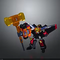 Red And Black Robot Character Holding Giant Orange Hammer With Wings