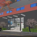 Industrial Factory Building With Gray Orange Exterior Blue Glass Windows And Pink Flowering Trees