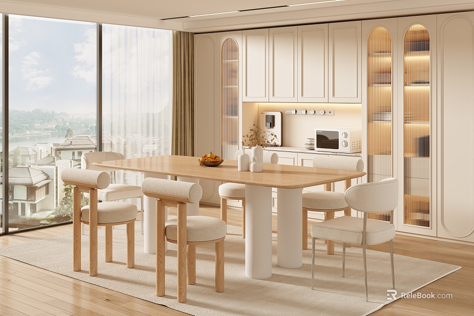 Modern Open Restaurant Interior With Dining Table Chairs And Large Windows 3d model 
