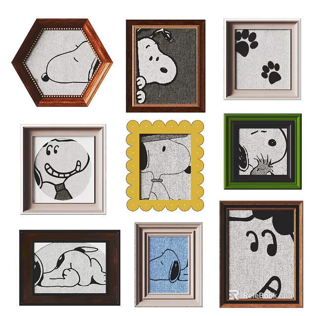 Snoopy Themed Photo Wall With Various Frames And Cartoon Character Artworks 3d model