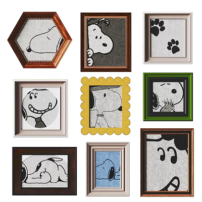 Snoopy Themed Photo Wall With Various Frames And Cartoon Character Artworks 3d model