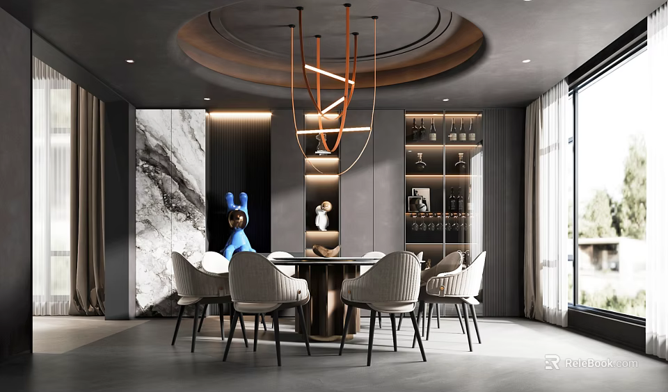 Modern Elegant Restaurant Interior With Round Dining Table White Chairs And Stylish Chandelier 3d model 