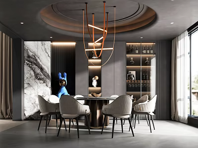 Modern Elegant Restaurant Interior With Round Dining Table White Chairs And Stylish Chandelier 3d model