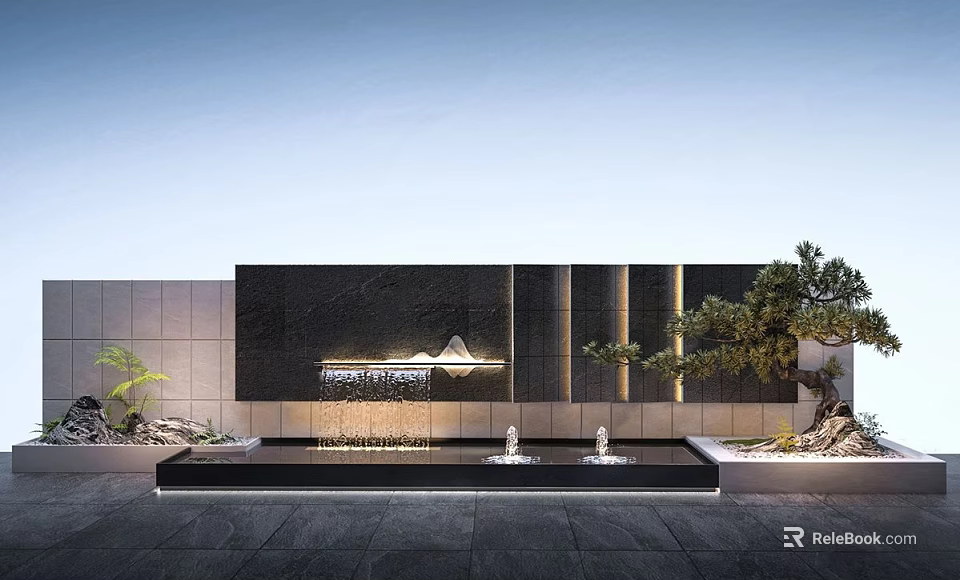 Modern Black Decorative Feature Wall With Water Basin Fountains Pine Tree And Rocks 3d model 