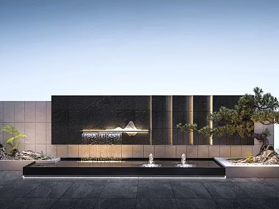 Modern Black Decorative Feature Wall With Water Basin Fountains Pine Tree And Rocks 3d model