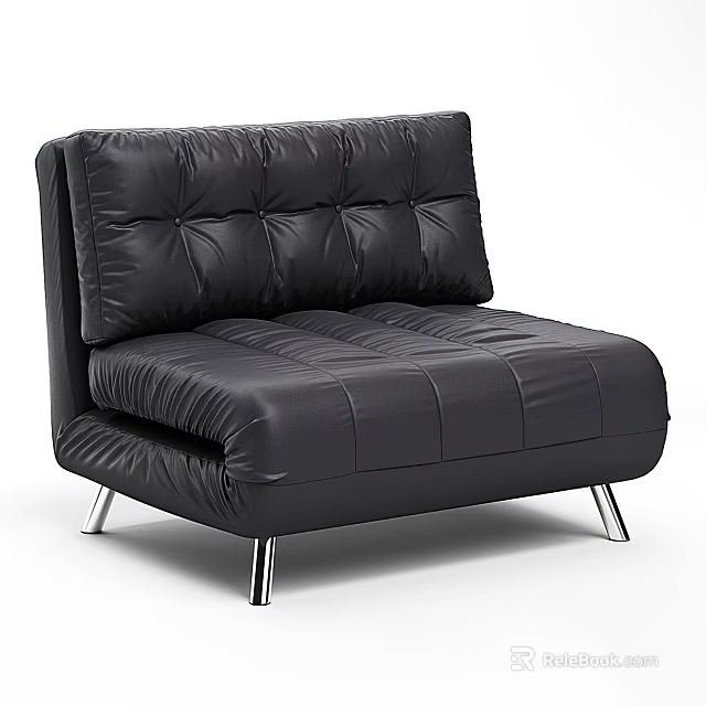 Black Leather Single Sofa With Tufted Backrest Stitched Design And Metal Legs In Modern Style 3d model 