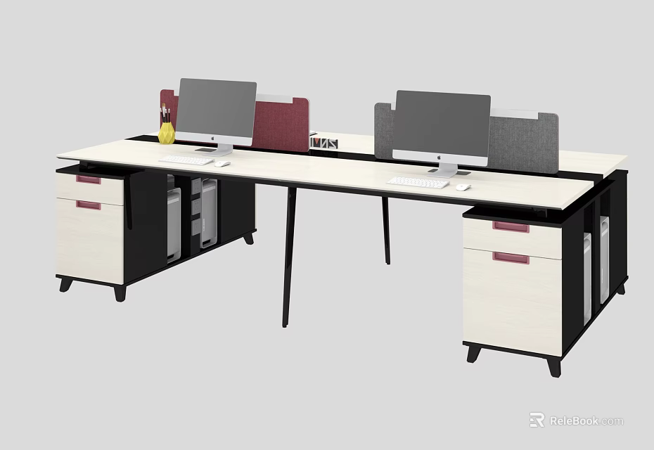 Modern Office Desk Workstation With Two Computer Monitors Partition Screens And Drawer Cabinets 3d model 