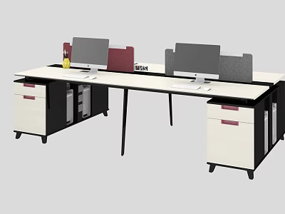 Modern Office Desk Workstation With Two Computer Monitors Partition Screens And Drawer Cabinets 3d model