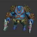 Muscular Blue Skinned Fantasy Ogre With Brown Straps And Dual Blue Bladed Weapons
