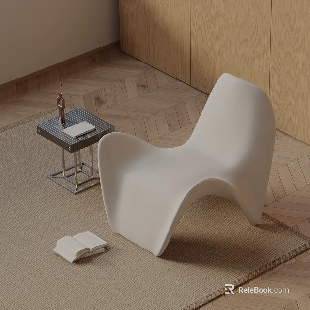 Modern White Curved Accent Chair With Side Table On Wooden Floor And Rug 3d model 