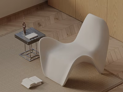 Modern White Curved Accent Chair With Side Table On Wooden Floor And Rug 3d model