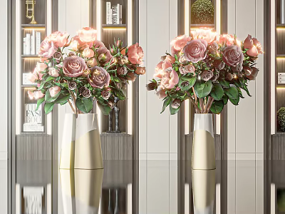Pink Roses in White and Gold Vases on Black Tabletop in Modern Interior with Reflections 3d model