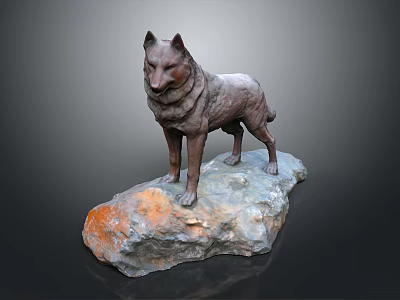 Detailed Artistic Wolf Sculpture Standing On Natural Stone Base With Textured Surface 3d model