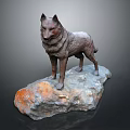 Detailed Artistic Wolf Sculpture Standing On Natural Stone Base With Textured Surface