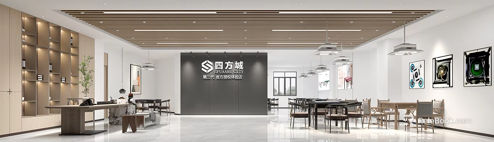 Third Generation Smart Agricultural Trade Living Complex Interior With Tables Chairs Hanging Lights 3d model 