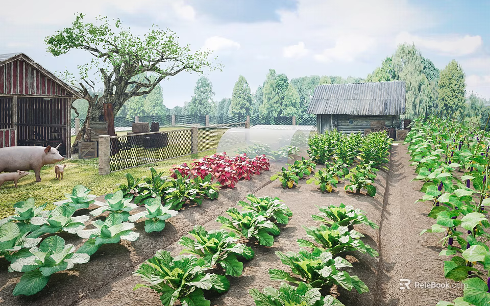 Fresh Vegetable Crops Growing In Organized Farm Field With Red Flowers Wooden Shed And Trees 3d model 