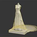 Elegant White Wedding Dress With Intricate Embroidery And Long Train On Mannequin