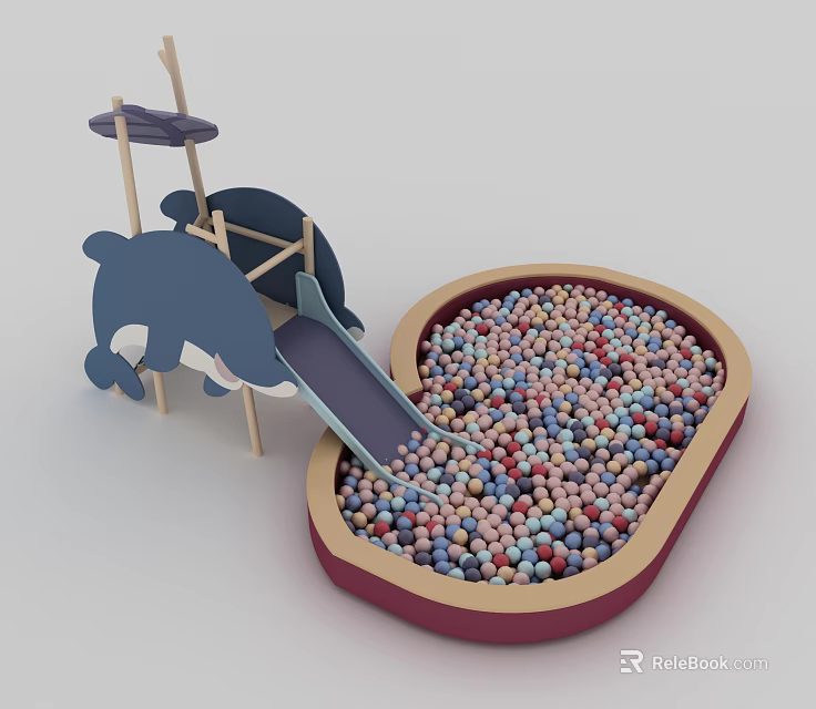 Fun Playground Equipment With Dolphin Shaped Slide Colorful Ball Pit And Wooden Frame 3d model 