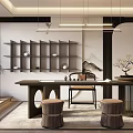 Modern Tea Room Interior With Long Table Round Stools Shelf Mountain Artwork And Decorative Plants