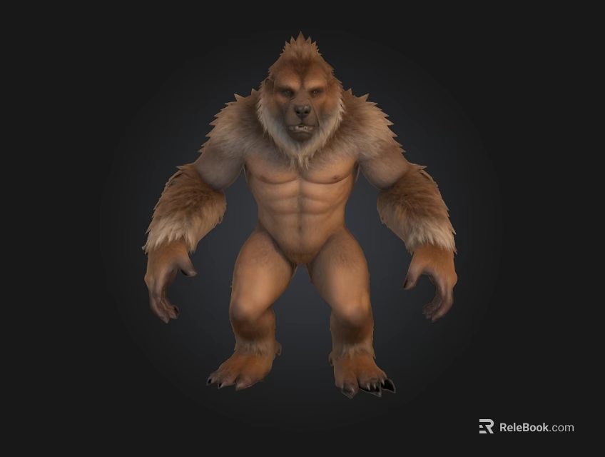 Ape Like Creature With Muscular Build And Thick Fur In Standing Pose Against Dark Background 3d model 