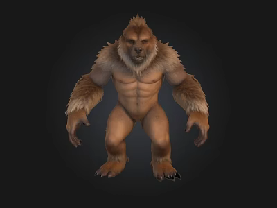Ape Like Creature With Muscular Build And Thick Fur In Standing Pose Against Dark Background 3d model