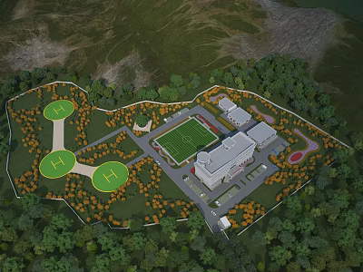 Aerial Planning of Sports Fields Buildings and Green Spaces Surrounded by Trees 3d model