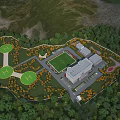 Aerial Planning of Sports Fields Buildings and Green Spaces Surrounded by Trees
