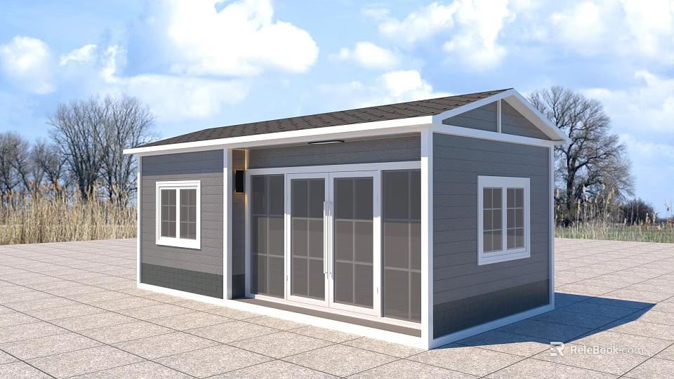 Modern Single Family House With Gray White Exterior Dark Roof Sliding Glass Doors And Windows 3d model 