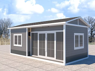 Modern Single Family House With Gray White Exterior Dark Roof Sliding Glass Doors And Windows 3d model