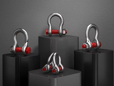 Heavy Duty Steel Shackles with Silver Body Red Bolts Arranged on Black Display Stands 3d model