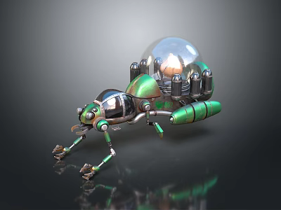 Mechanical Ant Character With Green Metallic Body Transparent Dome And Robotic Legs 3d model