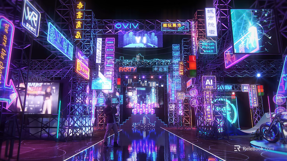 Vibrant Neon Lit Stage With Chinese Character Signs And Reflective Floor 3d model 