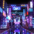 Vibrant Neon Lit Stage With Chinese Character Signs And Reflective Floor