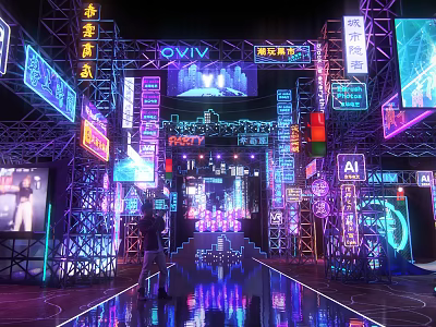 Vibrant Neon Lit Stage With Chinese Character Signs And Reflective Floor 3d model