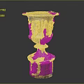 Intricately Carved Vase Shaped Sculpture Featuring Relief Figures On Red Base
