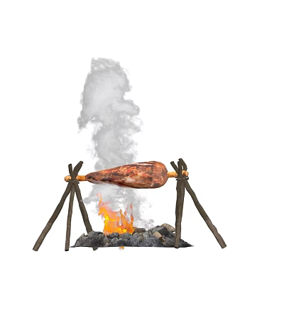 Roasted Meat Smoking Supported by Wooden Sticks With Fire and Charcoal Underneath 3d model