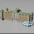 Elegant European Style Building With Green Domes Arched Doorway Yellow White Facades And Glass Structure