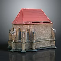 European Architecture Design With Red Roof Stone Walls And Gothic Arch Windows