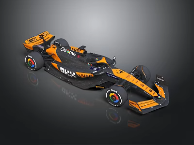 McLaren Black And Orange Race Car With Sponsor Logos And Colorful Wheels 3d model