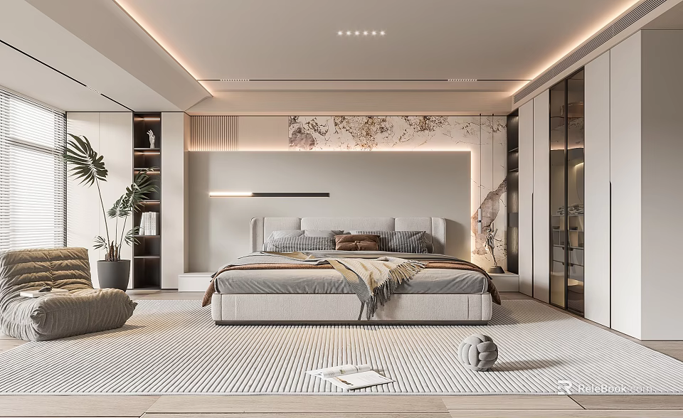 Modern Bedroom Interior Design With Comfortable Bed Accent Wall Decorative Art And Wardrobe 3d model 