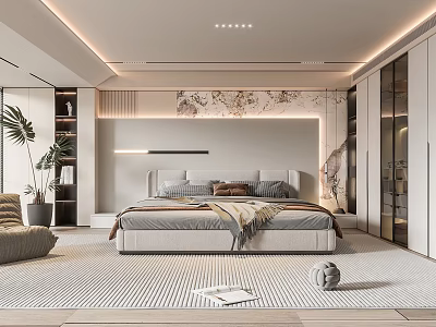 Modern Bedroom Interior Design With Comfortable Bed Accent Wall Decorative Art And Wardrobe 3d model