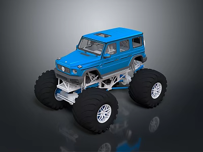Blue Monster Truck With Large Wheels And High Off Road Chassis Design 3d model