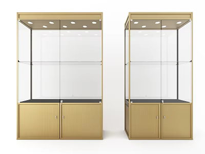 Two Golden Display Cabinets With Glass Doors Top Lights And Bottom Cabinet Doors 3d model