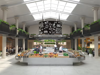 Modern Market Hall Interior With Fresh Fruits Vegetables Stalls Glass Roof Columns And Green Plants 3d model