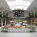 Modern Market Hall Interior With Fresh Fruits Vegetables Stalls Glass Roof Columns And Green Plants