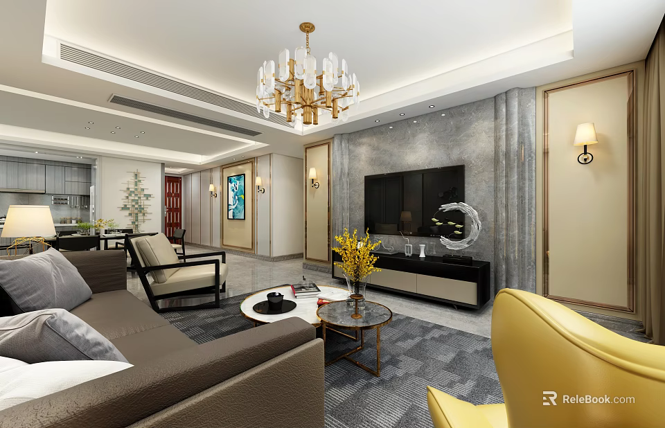Modern Luxury Living And Dining Room With Exquisite Gold Chandelier And Comfortable Home Furnishings 3d model 