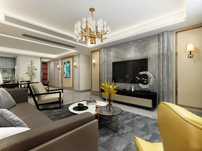 Modern Luxury Living And Dining Room With Exquisite Gold Chandelier And Comfortable Home Furnishings 3d model