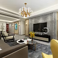 Modern Luxury Living And Dining Room With Exquisite Gold Chandelier And Comfortable Home Furnishings